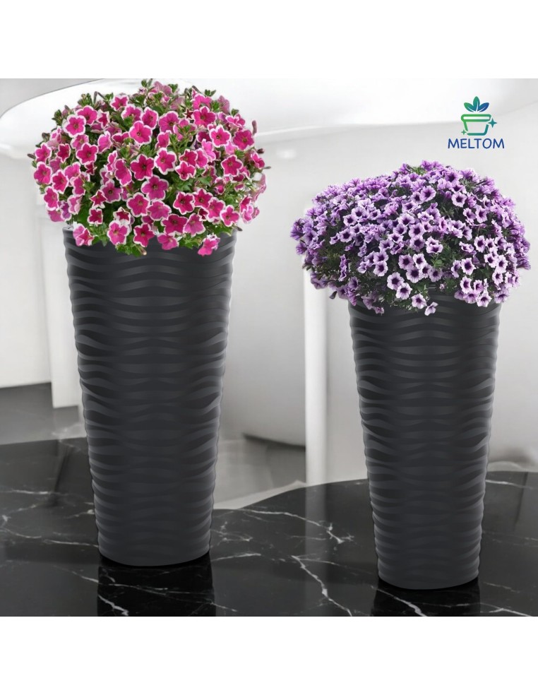 Maceta alta redonda XL con relieve ondulado Ø30 × 57 cm, 25 L – Antracita | Töpferkönig