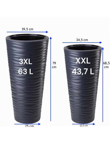 Pot de fleurs haut rond XXL à relief ondulé Ø35 × 69 cm, 43,7 L – Anthracite | Töpferkönig