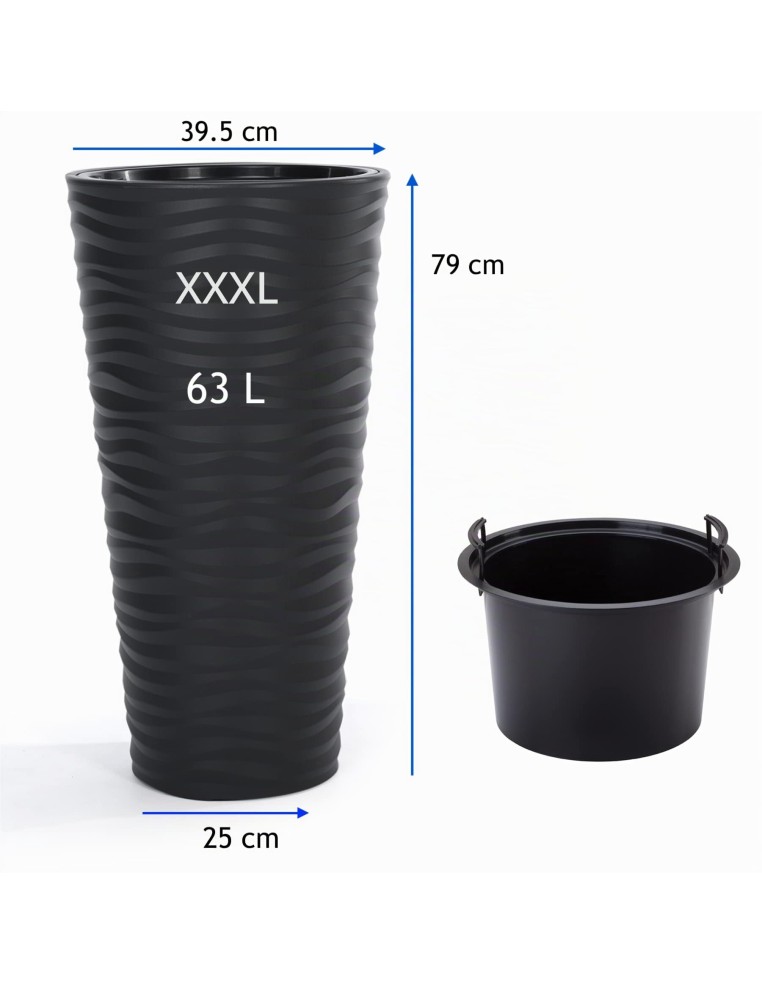 Pot de fleurs haut rond 3XL à relief ondulé Ø40 × 79 cm, 63 L – Anthracite | Töpferkönig