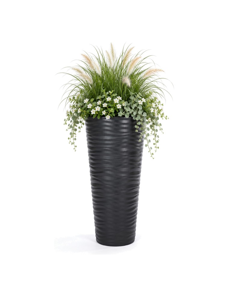 Pot de fleurs haut rond 3XL à relief ondulé Ø40 × 79 cm, 63 L – Anthracite | Töpferkönig