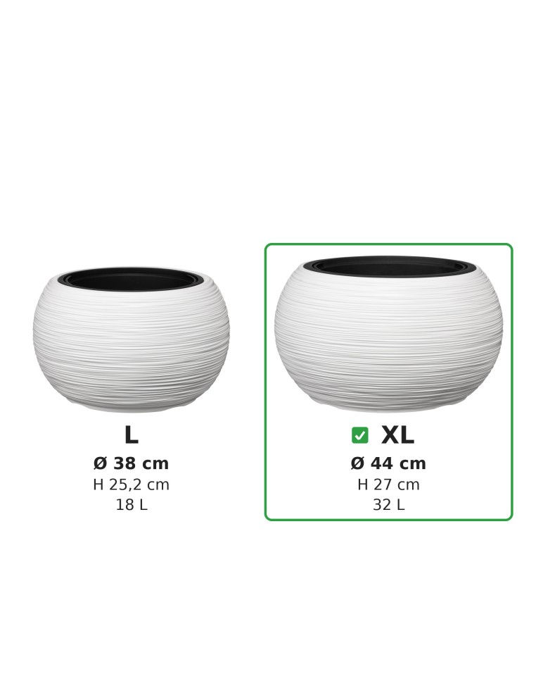 Ciotola per piante rotonda XL Ø44 × 27 cm rigata con sistema di irrigazione, 32 L – Bianco | Töpferkönig