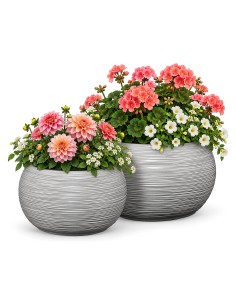 Set van 2 ronde plantenschalen Ø38 × 25 + Ø44 × 27 cm geribbeld – Grijs | Töpferkönig