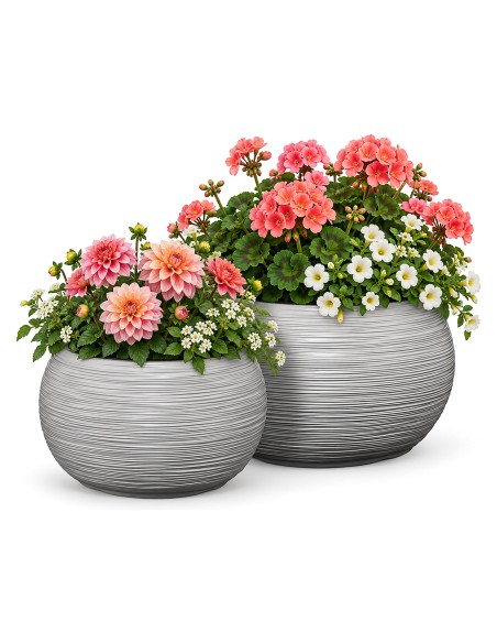 Juego de 2 cuencos para plantas redondos Ø38 × 25 + Ø44 × 27 cm estriados – Gris | Töpferkönig