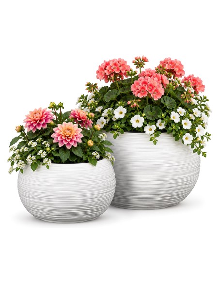 Set van 2 ronde plantenschalen Ø38 × 25 + Ø44 × 27 cm geribbeld – Wit | Töpferkönig