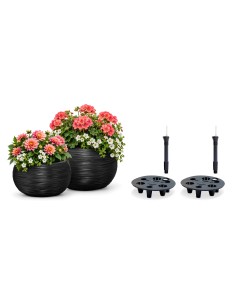 Juego de 2 cuencos para plantas redondos Ø38 × 25 + Ø44 × 27 cm estriados con 2 sistemas de riego – Antracita