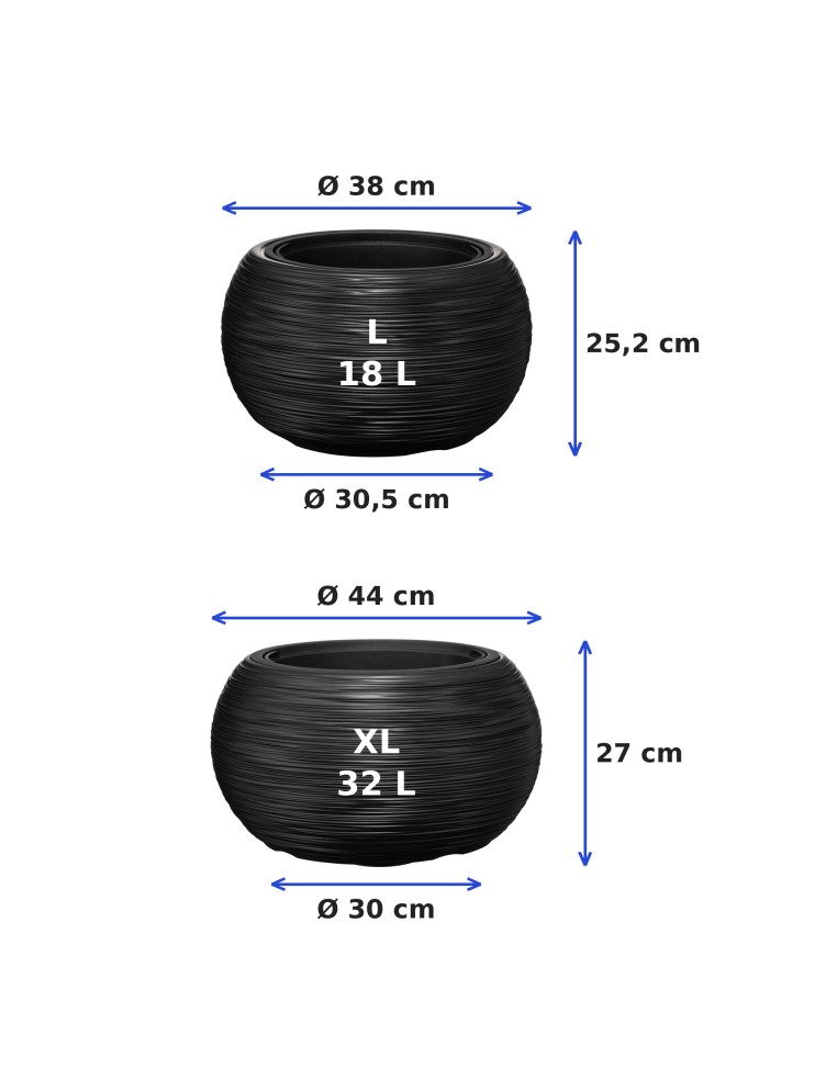 Lot de 2 vasques rondes Ø38 × 25 + Ø44 × 27 cm rainurées avec 2 systèmes d'arrosage – Anthracite