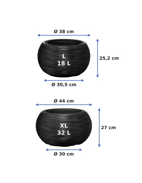 Set van 2 ronde plantenschalen Ø38 × 25 + Ø44 × 27 cm geribbeld met 2 bewateringssystemen – Antraciet