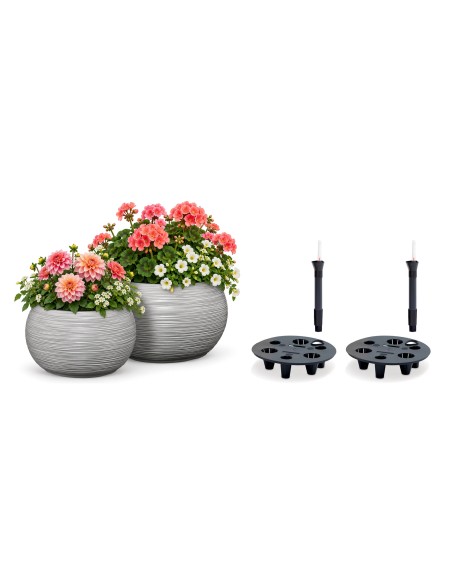 Set di 2 ciotole per piante rotonde Ø38 × 25 + Ø44 × 27 cm rigate con 2 sistemi di irrigazione – Grigio