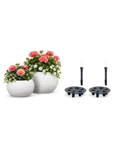 Lot de 2 vasques rondes Ø38 × 25 + Ø44 × 27 cm rainurées avec 2 systèmes d'arrosage – Blanc