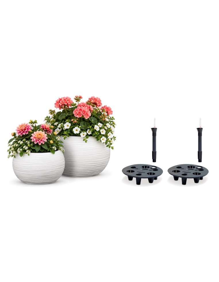Set di 2 ciotole per piante rotonde Ø38 × 25 + Ø44 × 27 cm rigate con 2 sistemi di irrigazione – Bianco