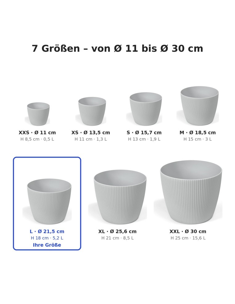 Übertopf rund L Ø22 × 18 cm Gerillt, 5,2 L – Grau