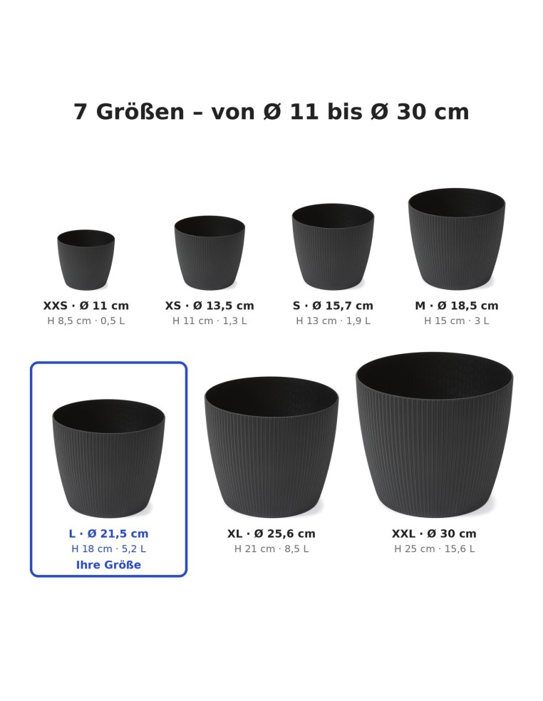 Übertopf rund L Ø22 × 18 cm Gerillt, 5,2 L – Schwarz