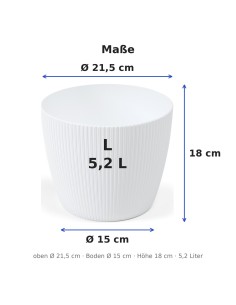 Übertopf rund L Ø22 × 18 cm Gerillt, 5,2 L – Weiß 2