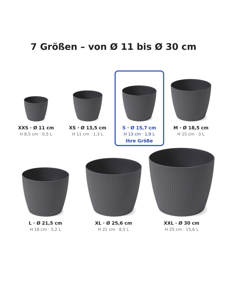 Cache-pot rond S Ø16 × 13 cm strié, 1,9 L – Anthracite