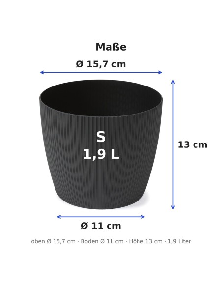 Cache-pot rond S Ø16 × 13 cm strié, 1,9 L – Noir