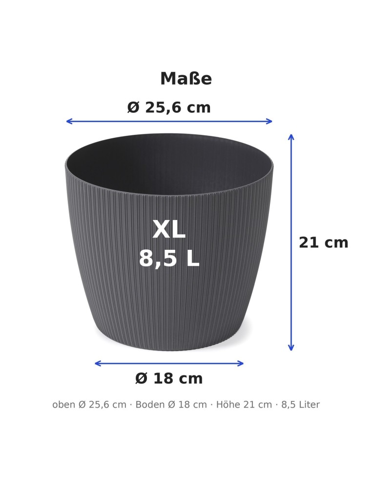 Übertopf rund XL Ø26 × 21 cm Gerillt, 8,5 L – Anthrazit