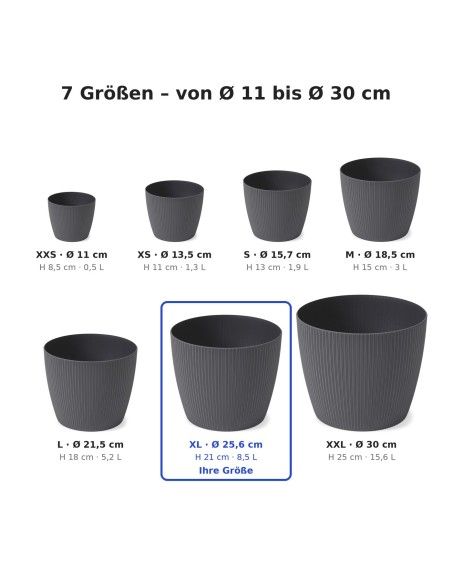 Übertopf rund XL Ø26 × 21 cm Gerillt, 8,5 L – Anthrazit