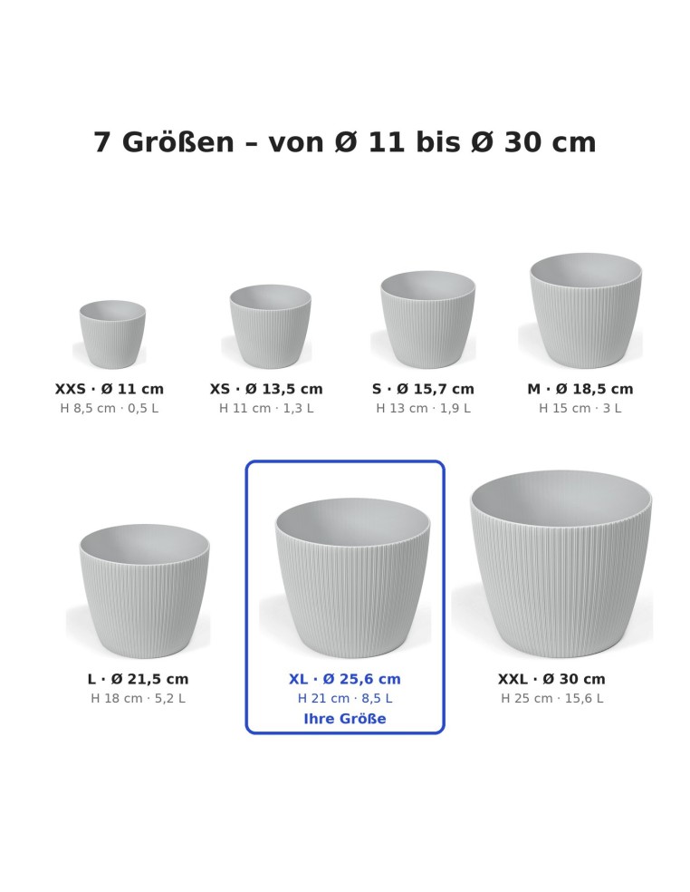 Cache-pot rond XL Ø26 × 21 cm strié, 8,5 L – Gris