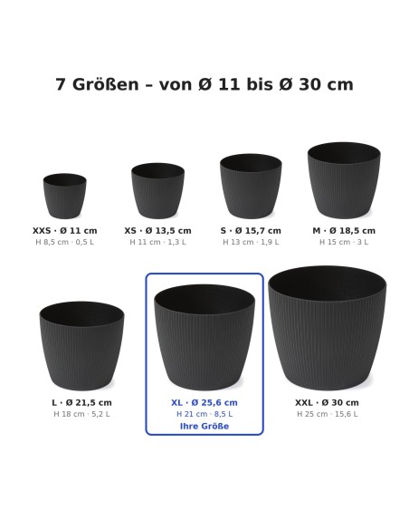 Cache-pot rond XL Ø26 × 21 cm strié, 8,5 L – Noir