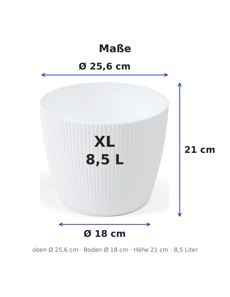 Übertopf rund XL Ø26 × 21 cm Gerillt, 8,5 L – Weiß