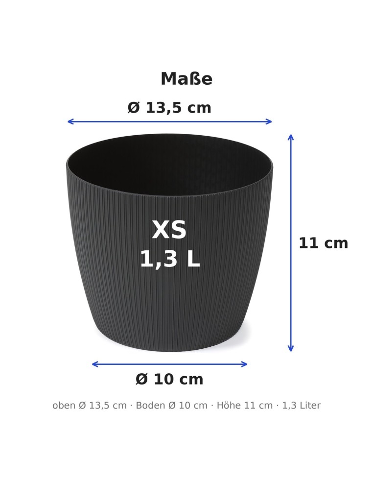 Übertopf rund XS Ø14 × 11 cm Gerillt, 1,3 L – Schwarz