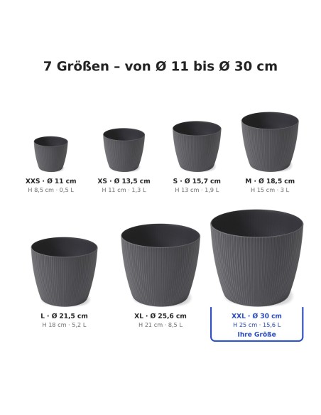 Cache-pot rond XXL Ø30 × 25 cm strié, 15,6 L – Anthracite