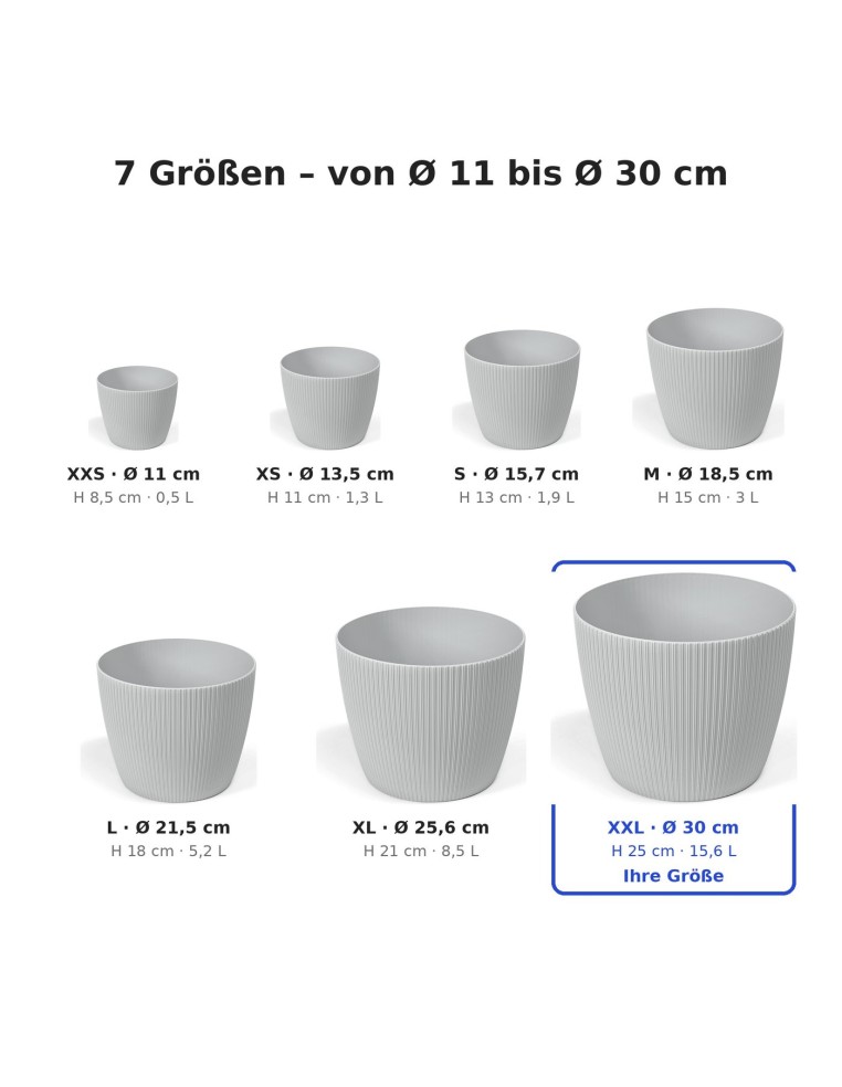 Cache-pot rond XXL Ø30 × 25 cm strié, 15,6 L – Gris