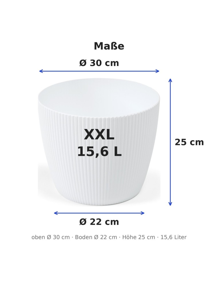 Cache-pot rond XXL Ø30 × 25 cm strié, 15,6 L – Blanc