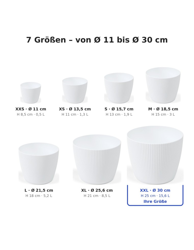 Übertopf rund XXL Ø30 × 25 cm Gerillt, 15,6 L – Weiß