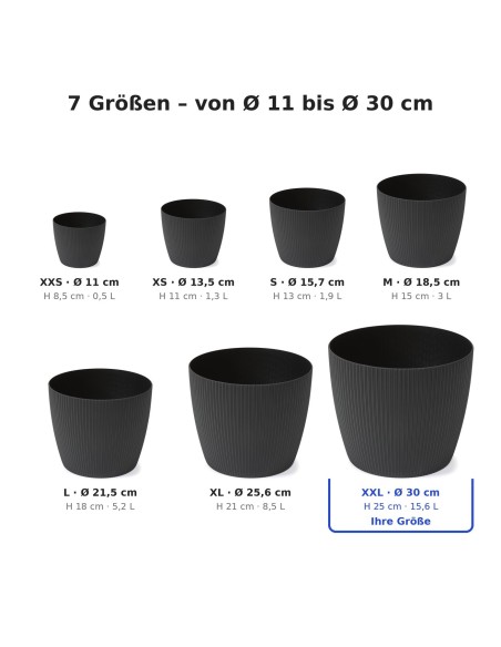 Cache-pot rond XXL Ø30 × 25 cm strié, 15,6 L – Noir