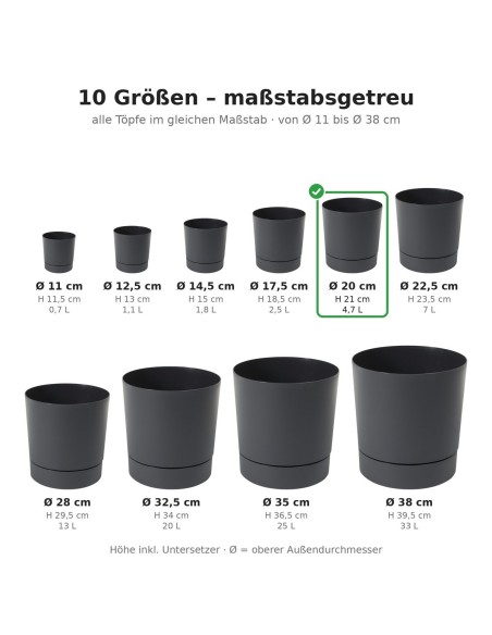 Cache-pot rond Ø20 × 21 cm mat, 4,7 L – Anthracite | Töpferkönig