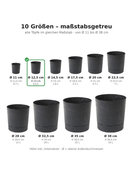 Cubremacetas redondo Ø13 × 13 cm efecto hormigón, 1,1 L – Negro hormigón | Töpferkönig