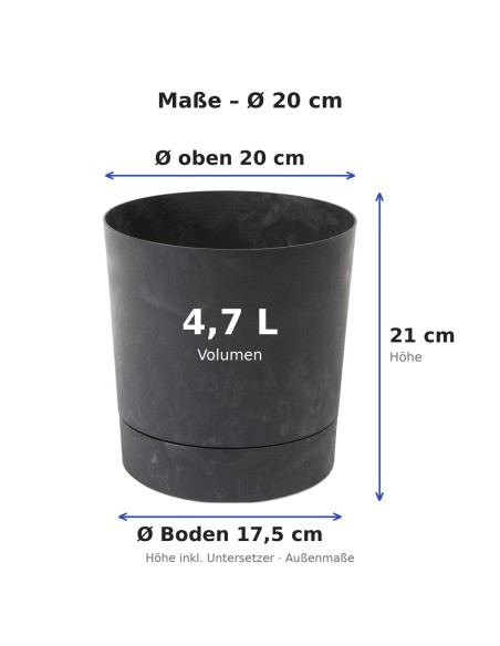 Coprivaso rotondo Ø20 × 21 cm effetto cemento, 4,7 L – Nero cemento | Töpferkönig