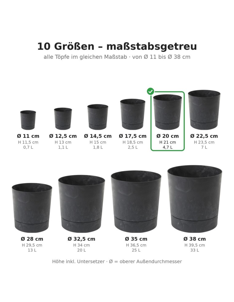 Coprivaso rotondo Ø20 × 21 cm effetto cemento, 4,7 L – Nero cemento | Töpferkönig