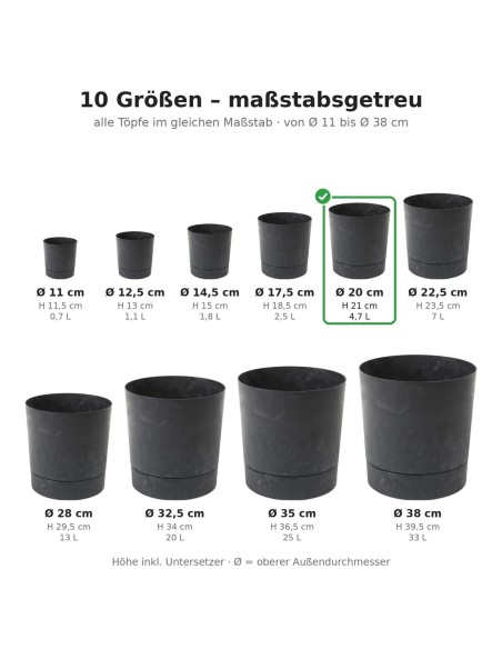 Übertopf rund Ø20 × 21 cm Beton-Optik, 4,7 L – Beton Schwarz | Töpferkönig