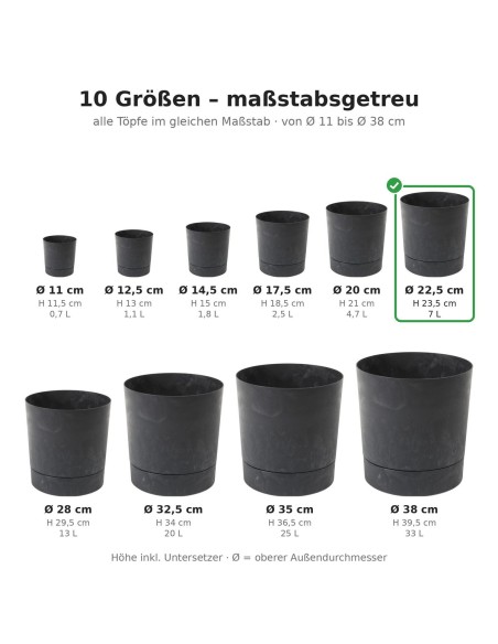 Cubremacetas redondo Ø23 × 24 cm efecto hormigón, 7 L – Negro hormigón | Töpferkönig