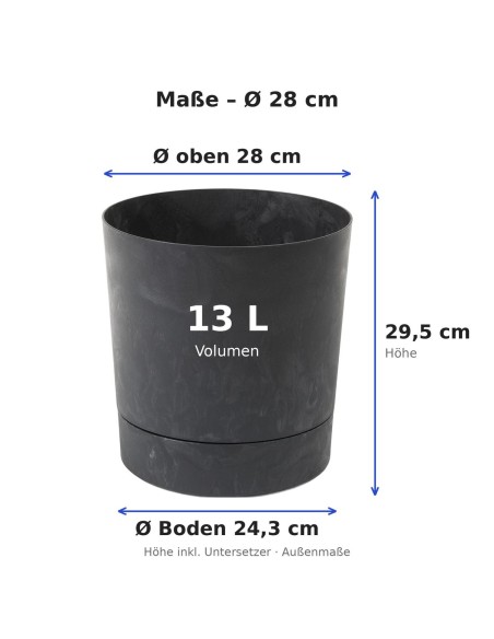 Coprivaso rotondo Ø28 × 30 cm effetto cemento, 13 L – Nero cemento | Töpferkönig