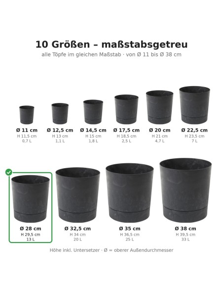 Cubremacetas redondo Ø28 × 30 cm efecto hormigón, 13 L – Negro hormigón | Töpferkönig