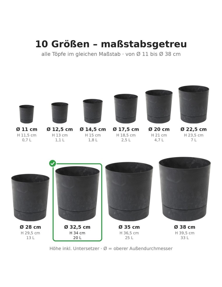 Coprivaso rotondo Ø33 × 34 cm effetto cemento, 20 L – Nero cemento | Töpferkönig