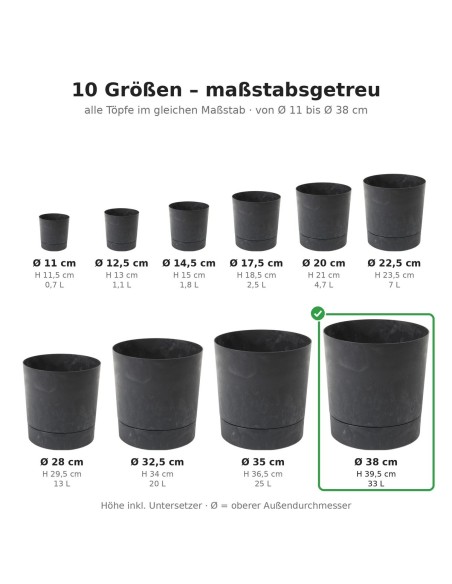 Übertopf rund Ø38 × 40 cm Beton-Optik, 33 L – Beton Schwarz | Töpferkönig