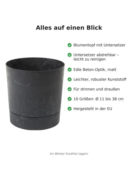 Coprivaso rotondo Ø38 × 40 cm effetto cemento, 33 L – Nero cemento | Töpferkönig