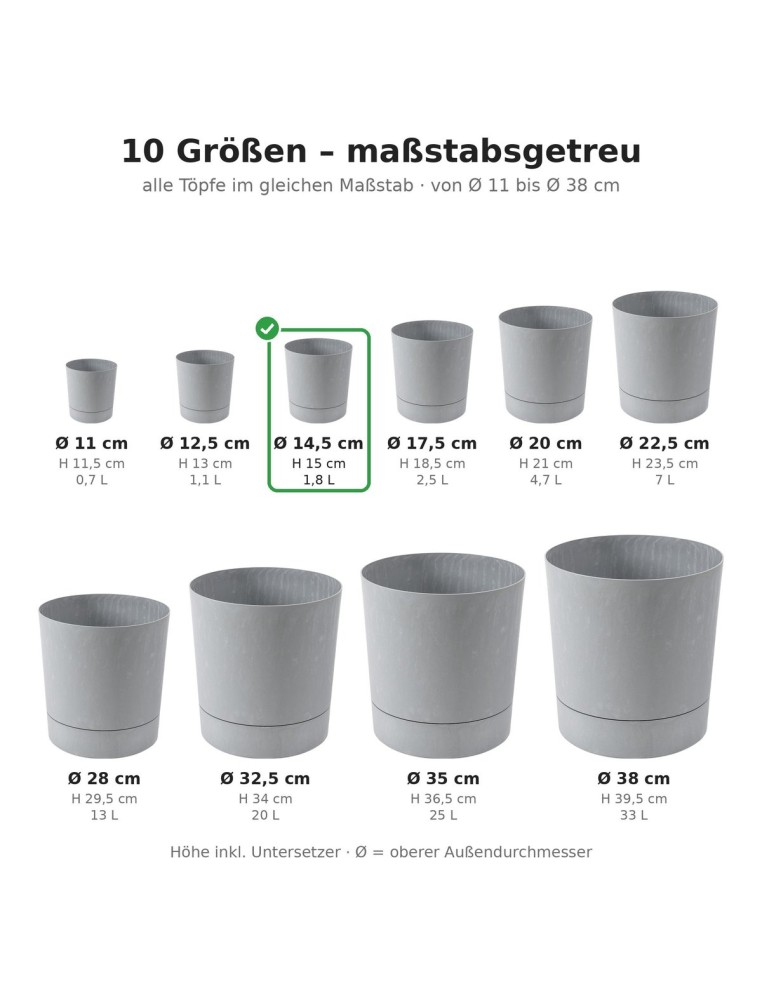 Cache-pot rond Ø15 × 15 cm aspect béton, 1,8 L – Béton gris | Töpferkönig
