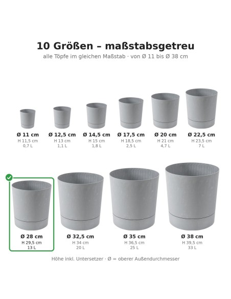 Coprivaso rotondo Ø28 × 30 cm effetto cemento, 13 L – Grigio cemento | Töpferkönig