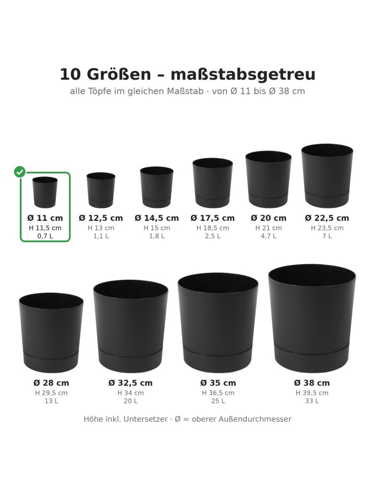 Cache-pot rond Ø11 × 12 cm mat, 0,7 L – Noir | Töpferkönig