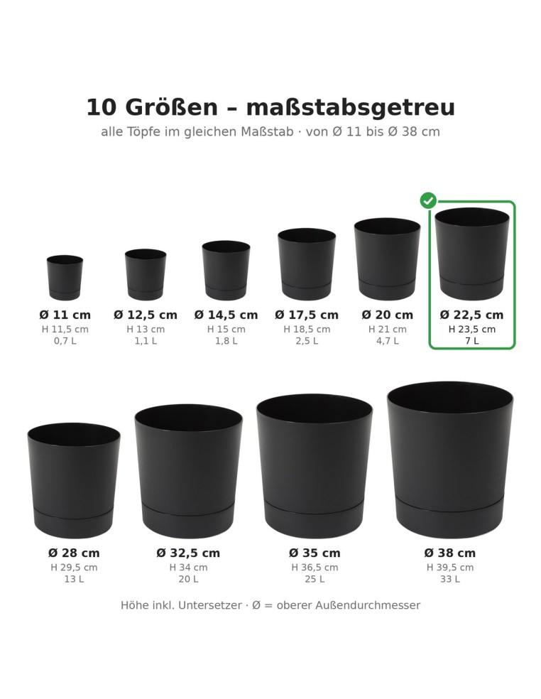 Cache-pot rond Ø23 × 24 cm mat, 7 L – Noir | Töpferkönig