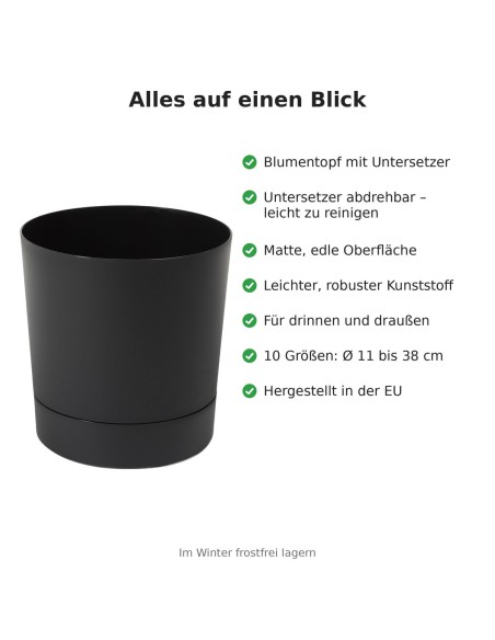 Übertopf rund Ø28 × 30 cm Matt, 13 L – Schwarz | Töpferkönig