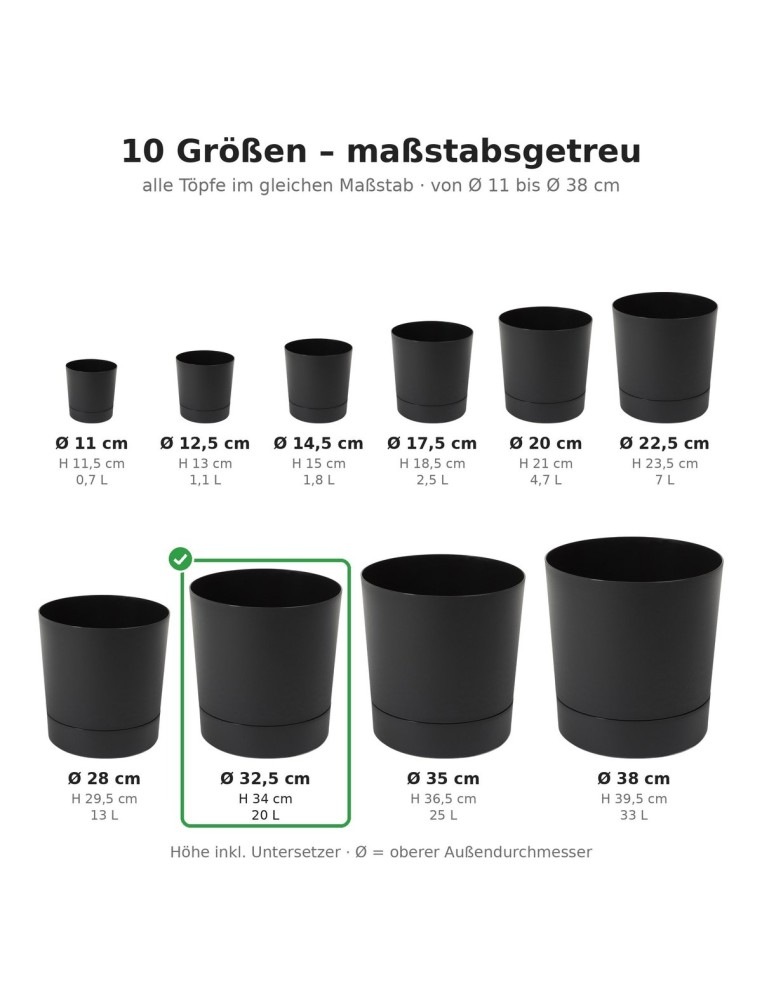 Übertopf rund Ø33 × 34 cm Matt, 20 L – Schwarz | Töpferkönig