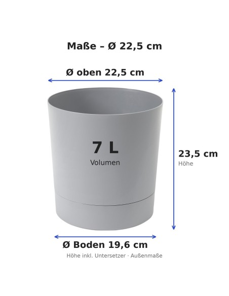 Cache-pot rond Ø23 × 24 cm mat, 7 L – Gris | Töpferkönig