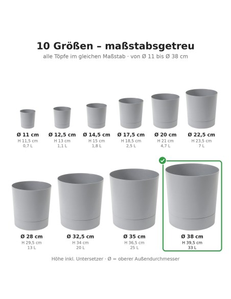 Übertopf rund Ø38 × 40 cm Matt, 33 L – Grau | Töpferkönig