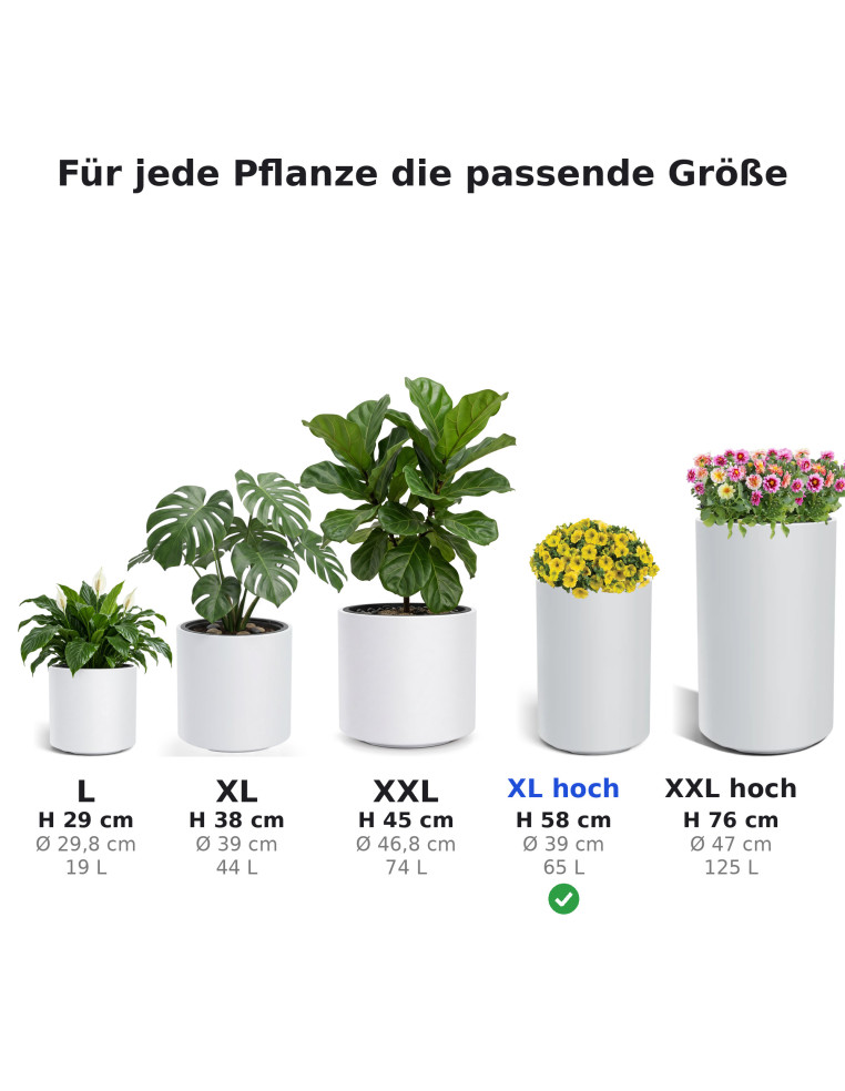 Blumenkübel rund hoch Ø39 × 58 cm Matt, 65 L – Weiß | Töpferkönig